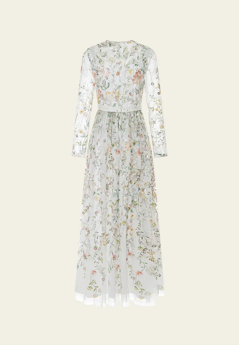 Floral Embroidery Embellished Mesh Dress