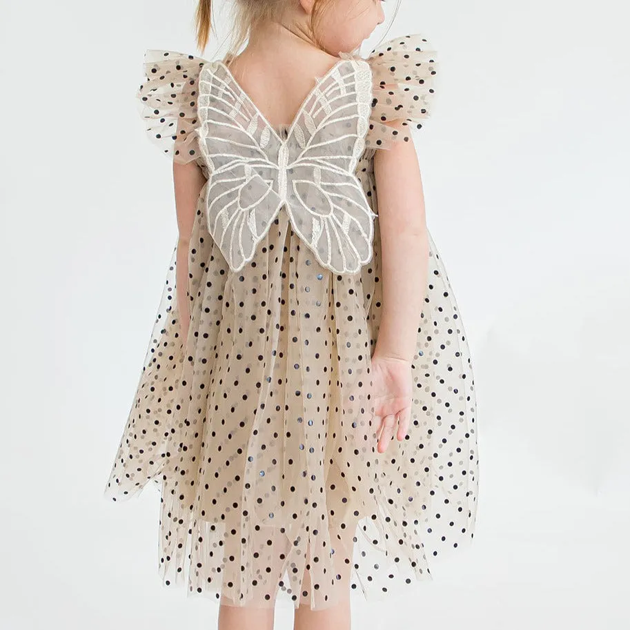 Girl's Tan and Black Polka Dot Tulle Butterfly Applique Dress