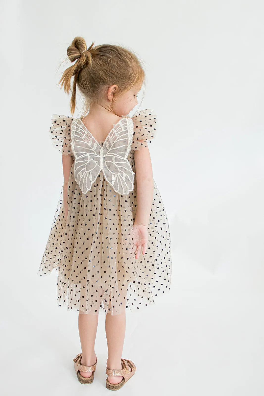 Girl's Tan and Black Polka Dot Tulle Butterfly Applique Dress