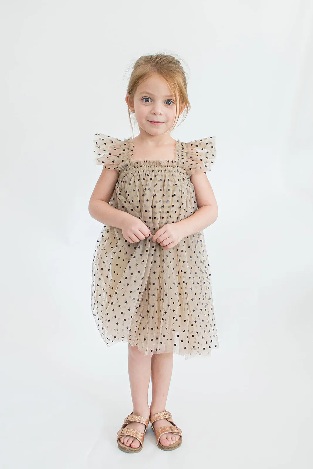 Girl's Tan and Black Polka Dot Tulle Butterfly Applique Dress