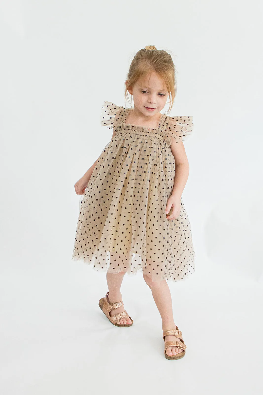 Girl's Tan and Black Polka Dot Tulle Butterfly Applique Dress