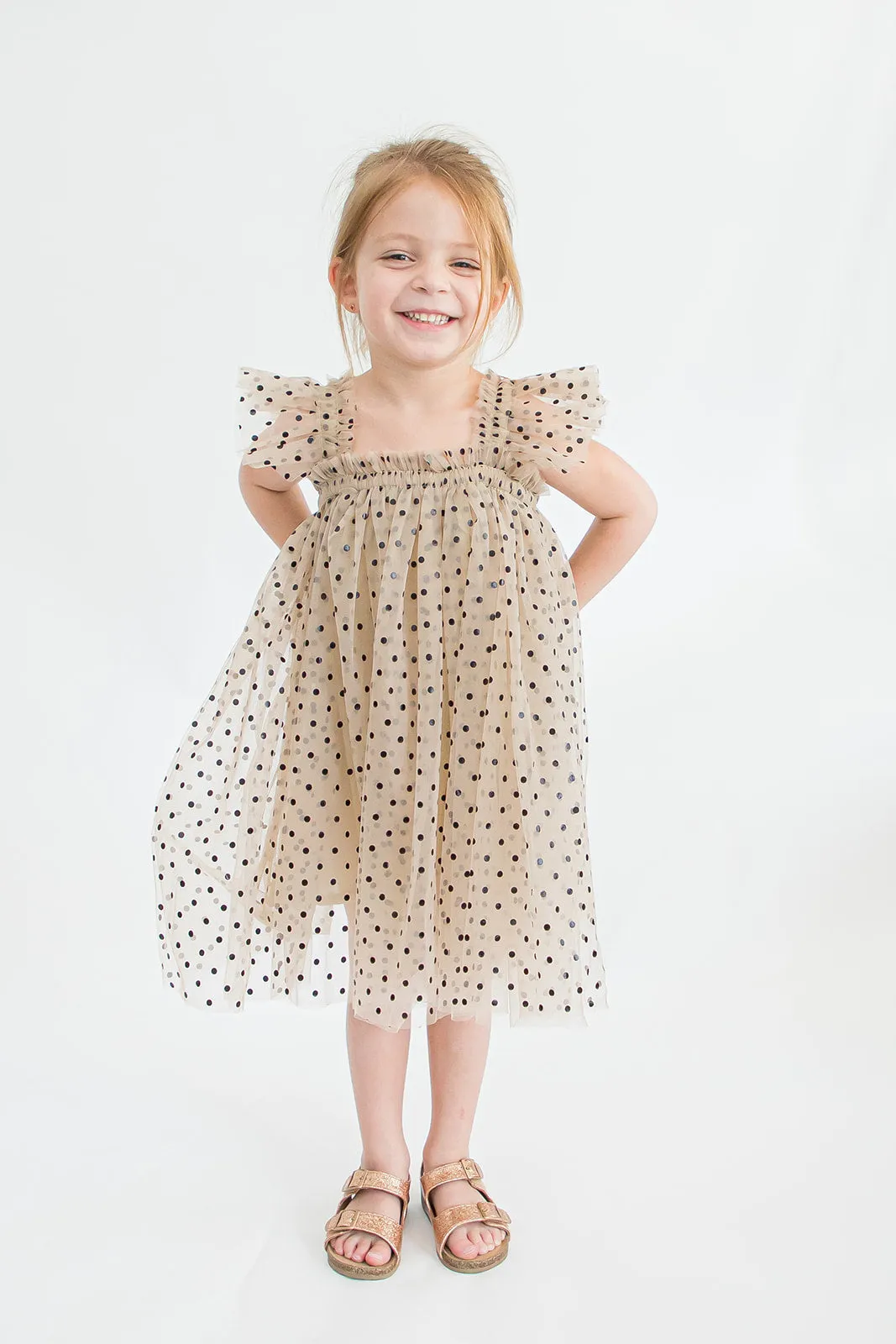 Girl's Tan and Black Polka Dot Tulle Butterfly Applique Dress