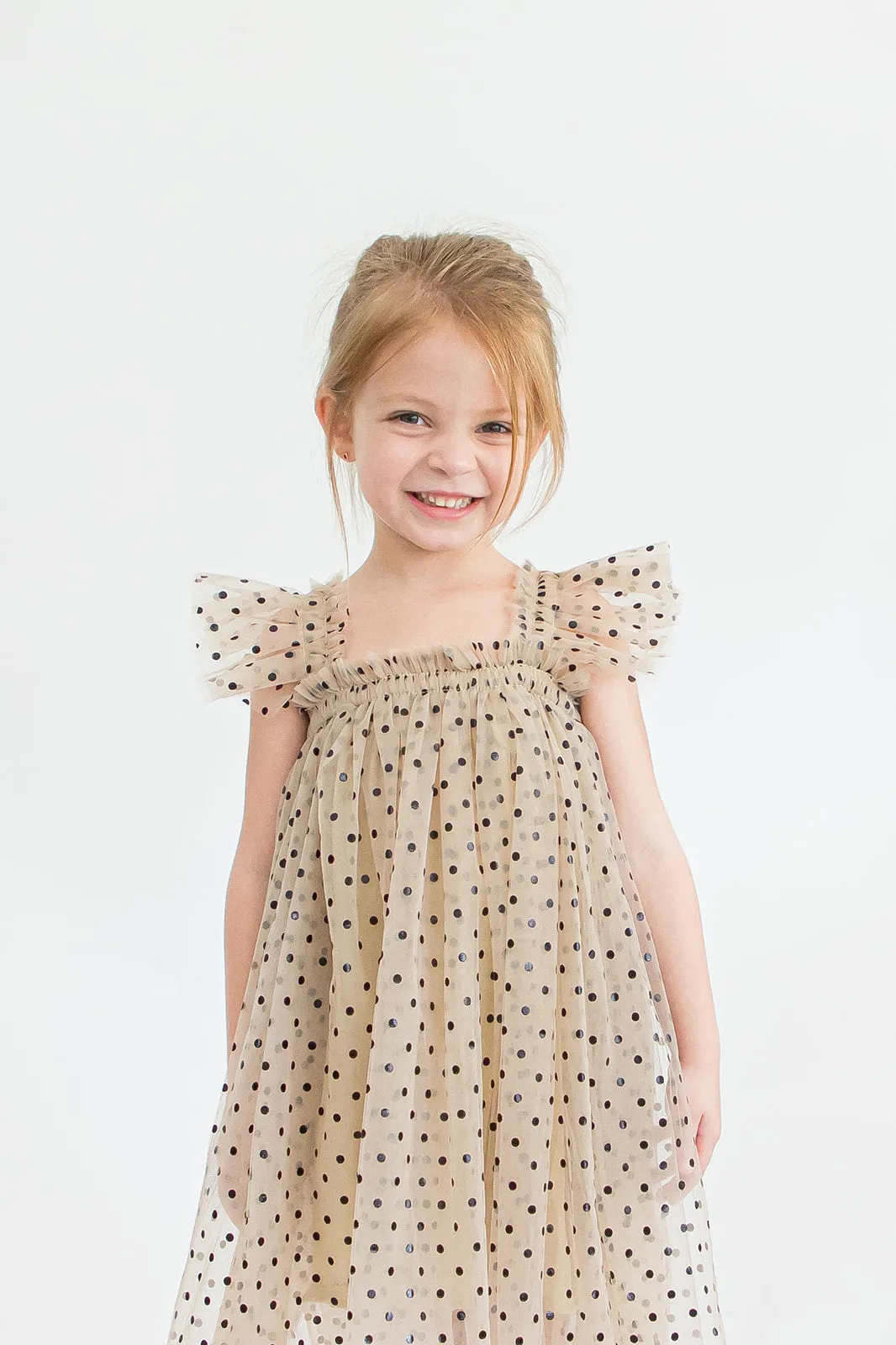 Girl's Tan and Black Polka Dot Tulle Butterfly Applique Dress