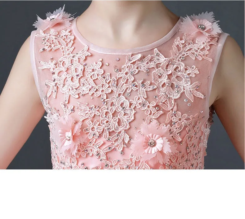 Glitz Long Trailing Pink Flower Girls Dress for Wedding or Special Occasion