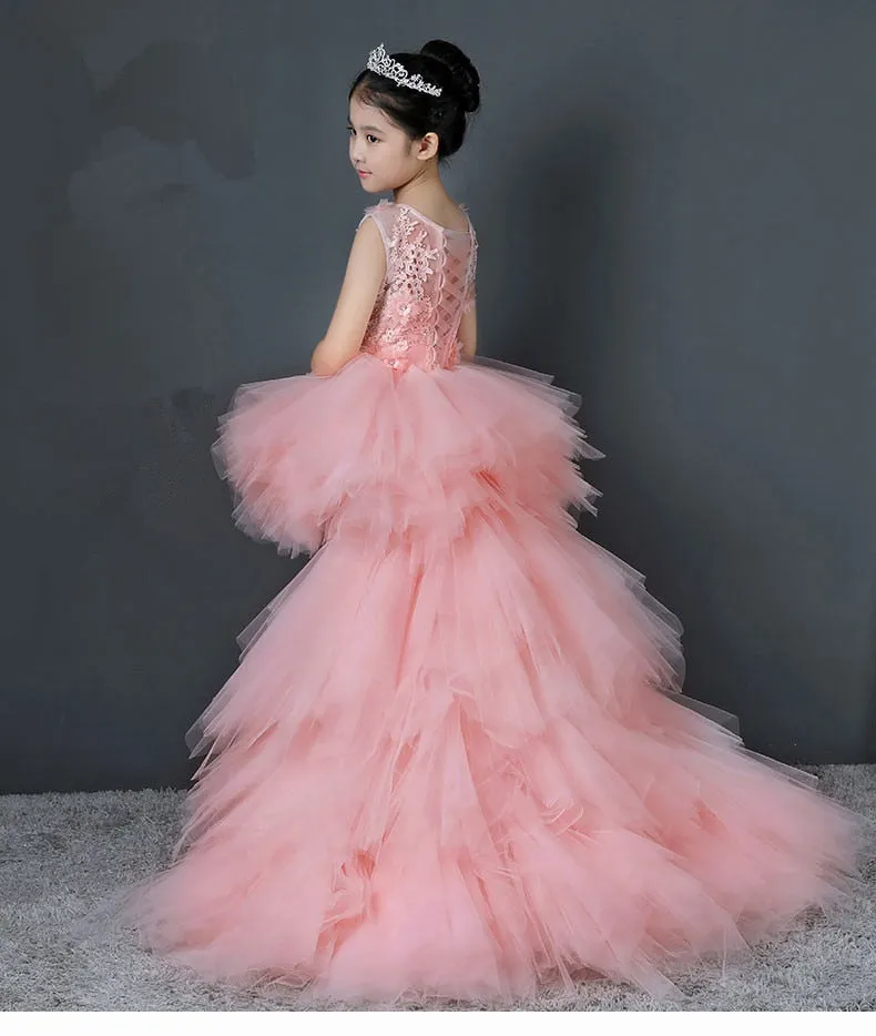 Glitz Long Trailing Pink Flower Girls Dress for Wedding or Special Occasion