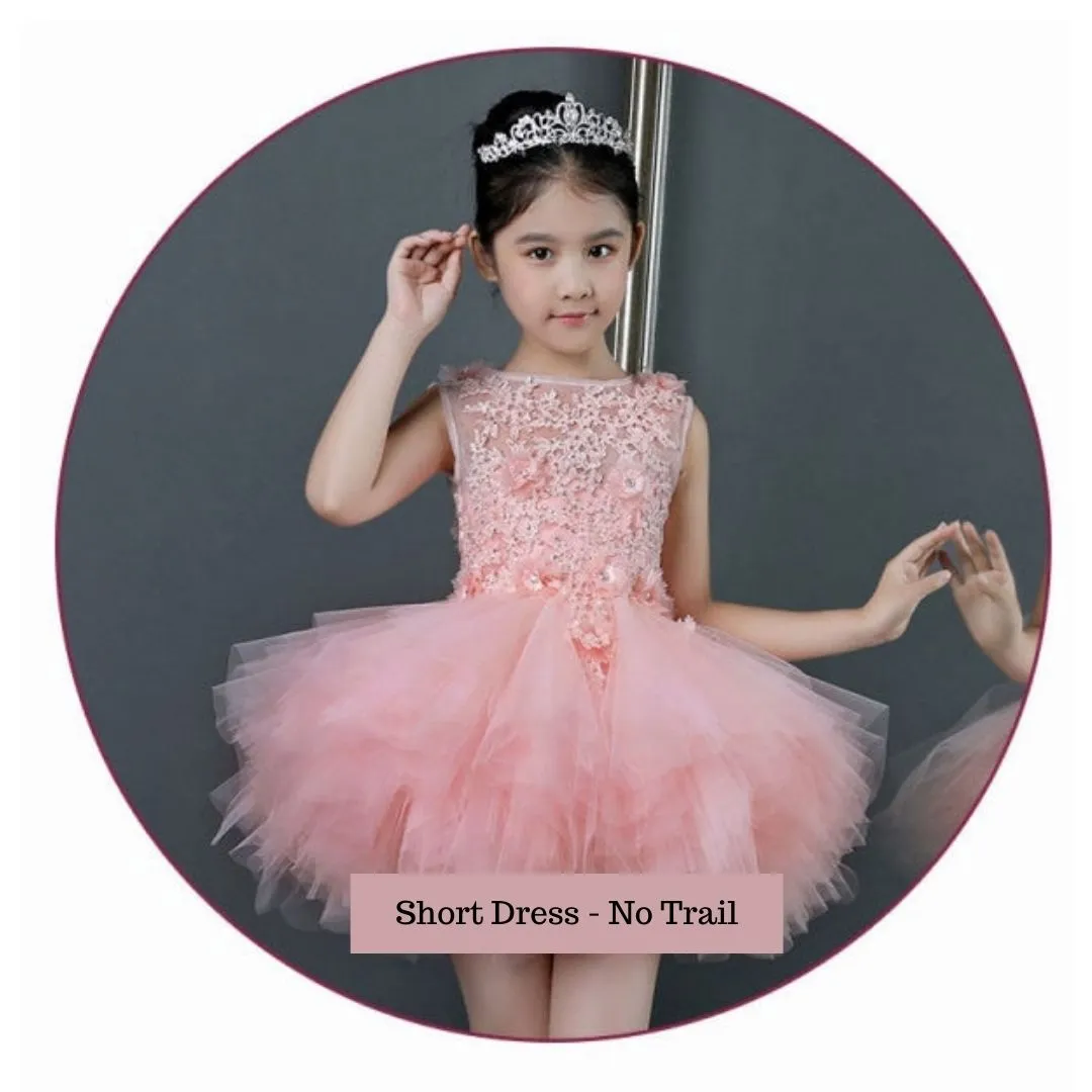 Glitz Long Trailing Pink Flower Girls Dress for Wedding or Special Occasion