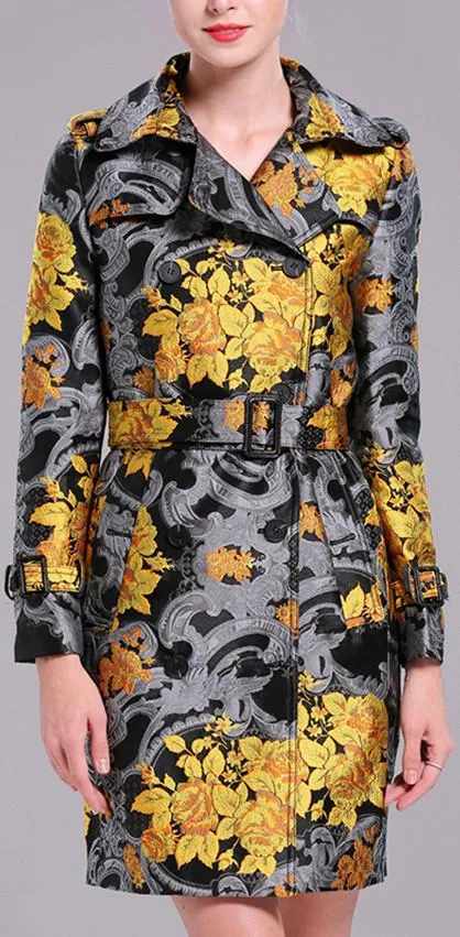 Gold Floral Printed Trench Coat