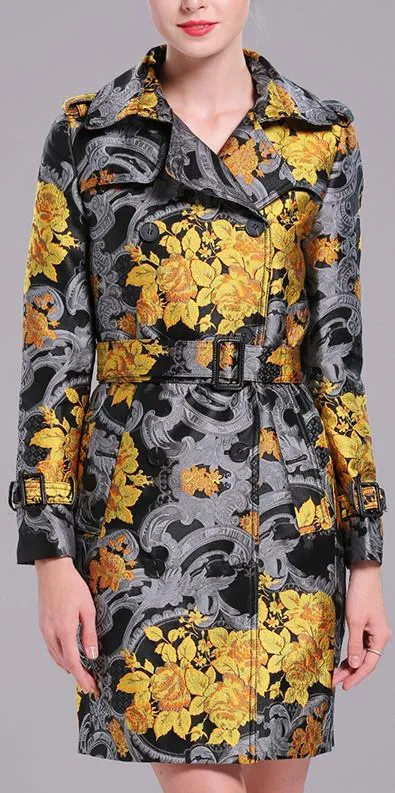 Gold Floral Printed Trench Coat