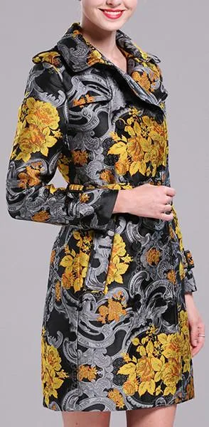 Gold Floral Printed Trench Coat