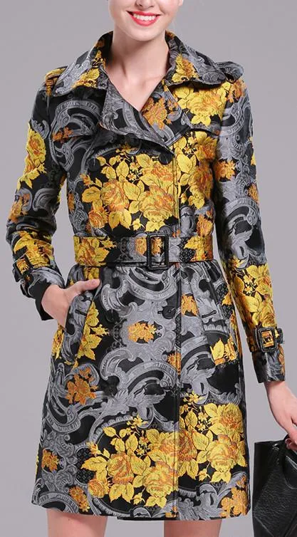 Gold Floral Printed Trench Coat