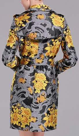 Gold Floral Printed Trench Coat