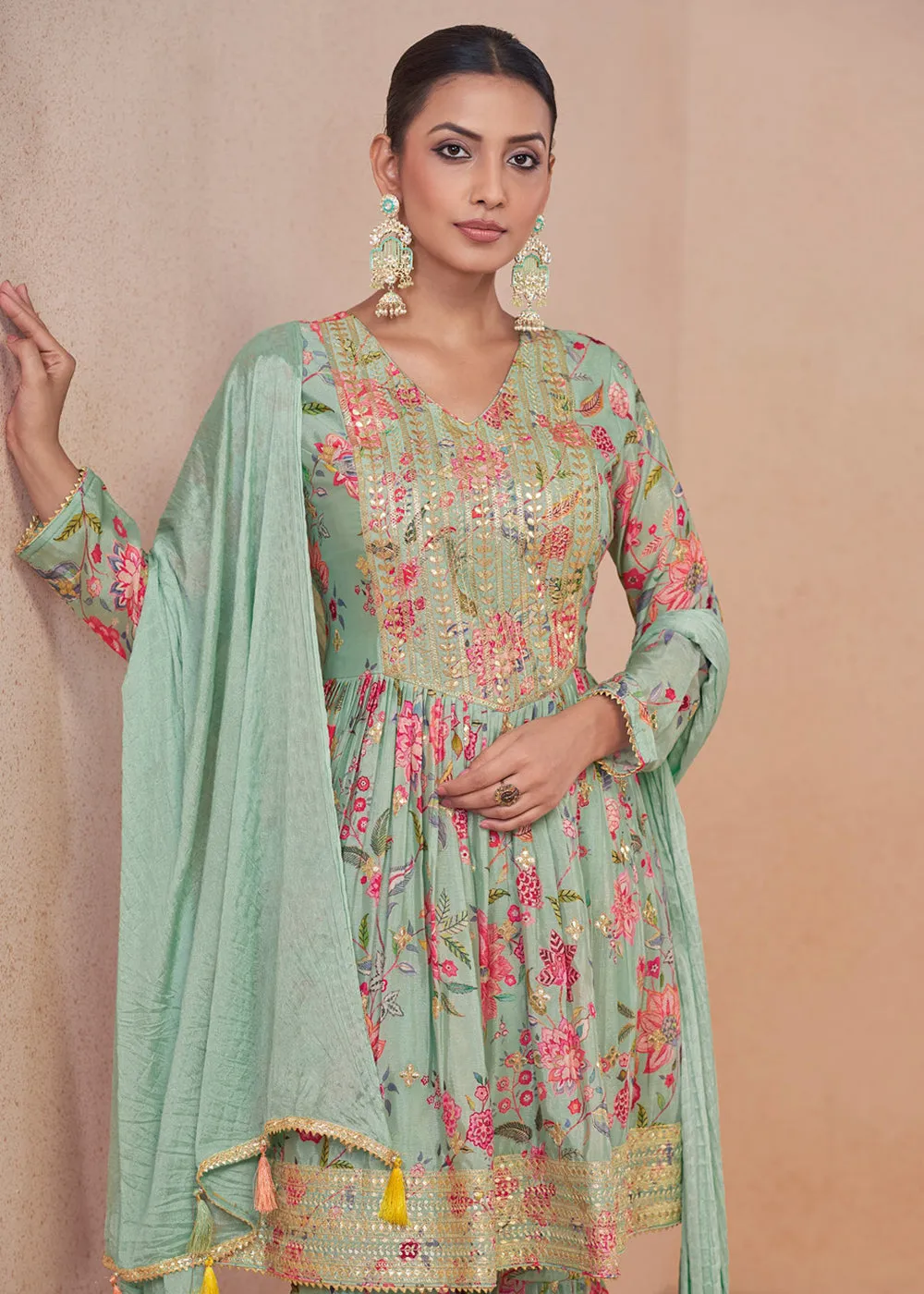 Green Embroidered & Digital Printed Festive Gharara Suit