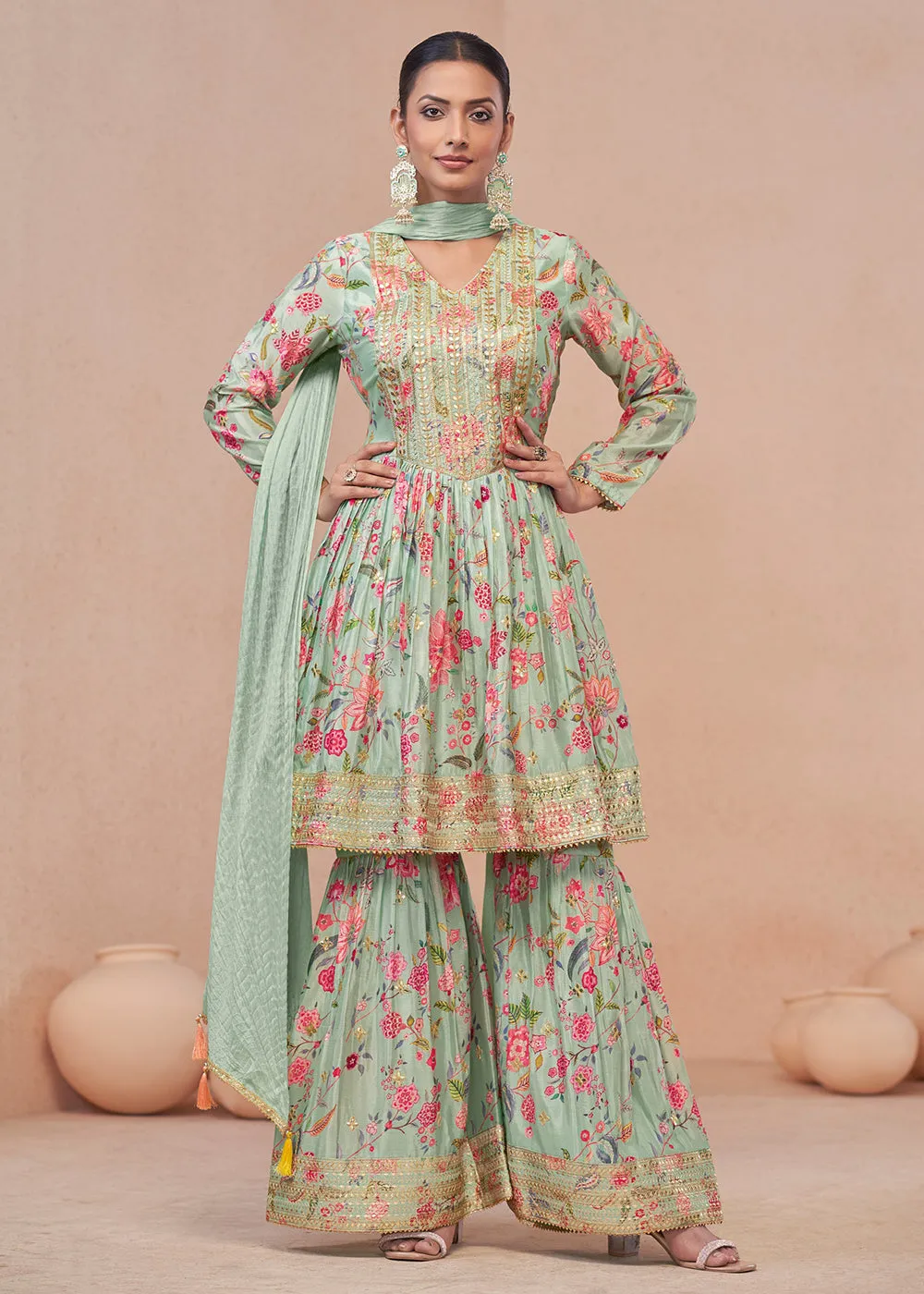 Green Embroidered & Digital Printed Festive Gharara Suit