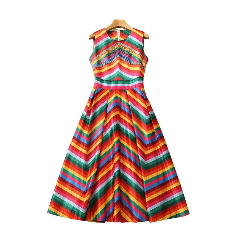 Heavy Industry Bead Tube Rhinestone Rainbow Large Swing Dress