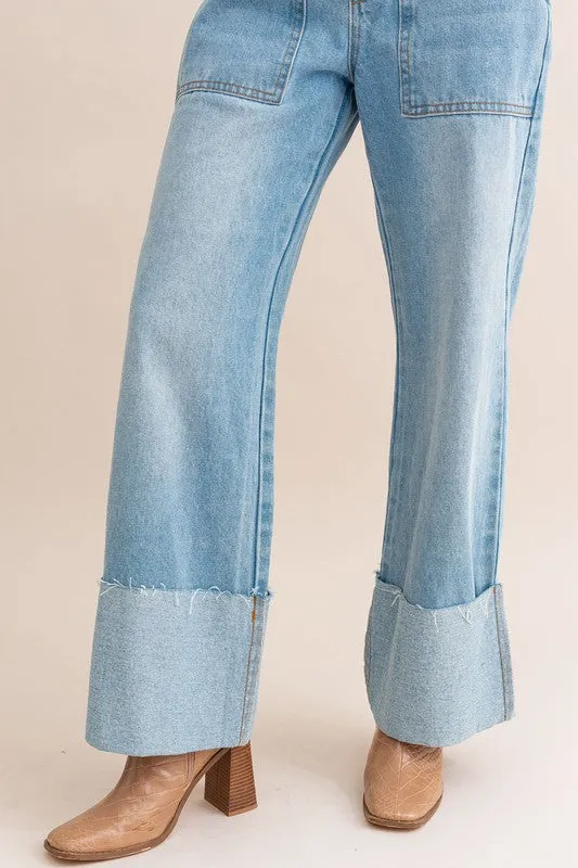 High-Waisted Wide Leg Cuffed Jeans