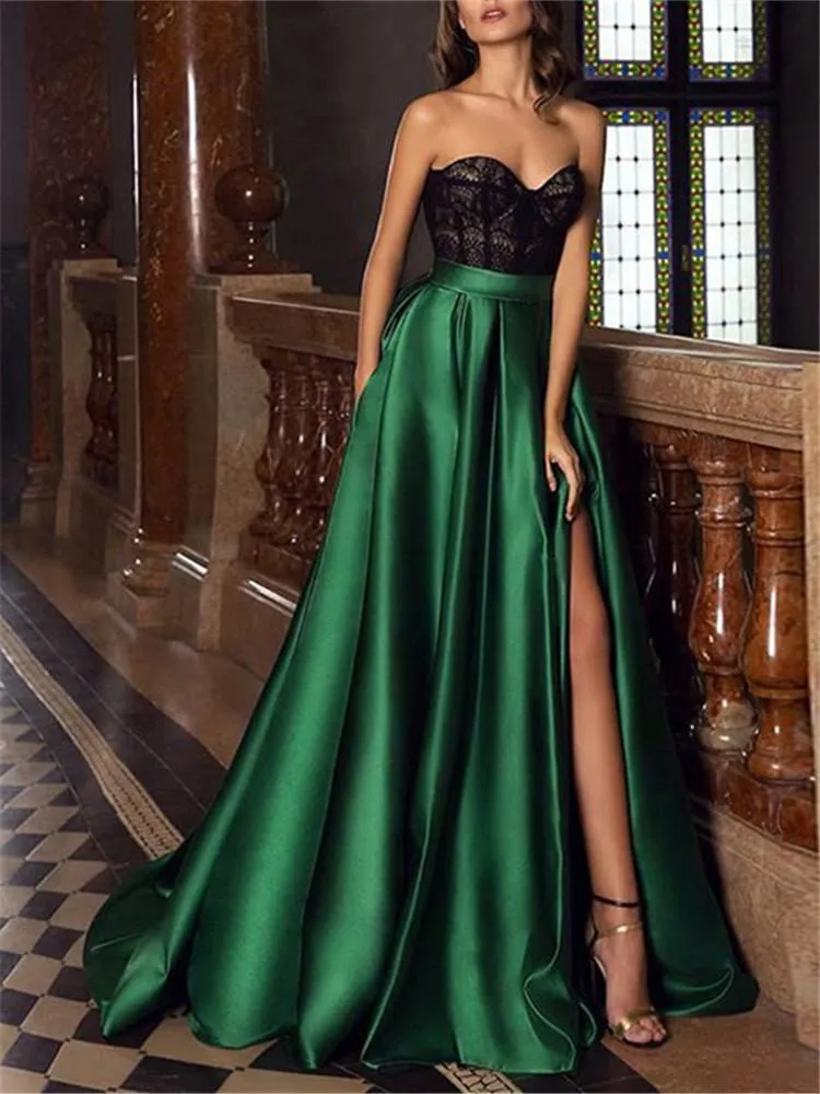 Lace Solid Color Split Evening Dress