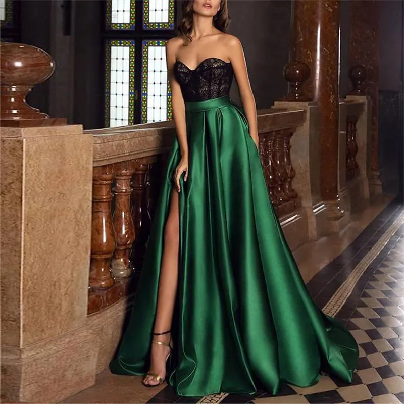 Lace Solid Color Split Evening Dress