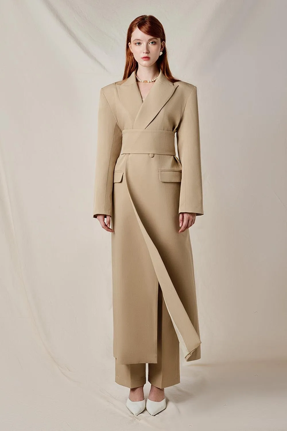 Lady Straight Peak Lapel Cotton Midi Trench Coat