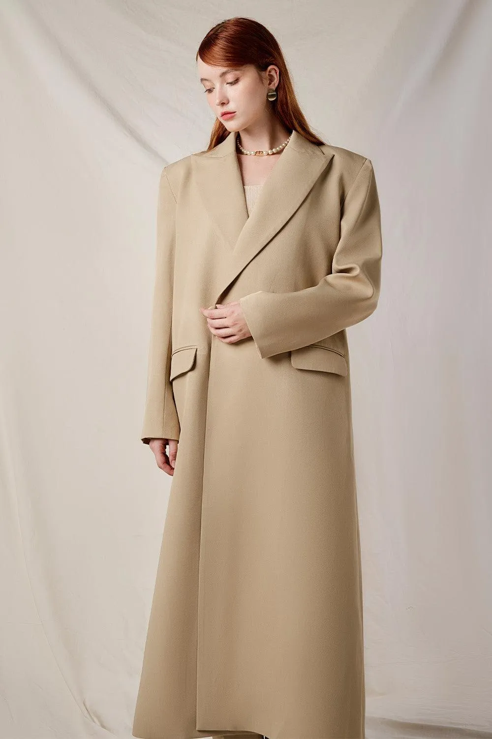 Lady Straight Peak Lapel Cotton Midi Trench Coat