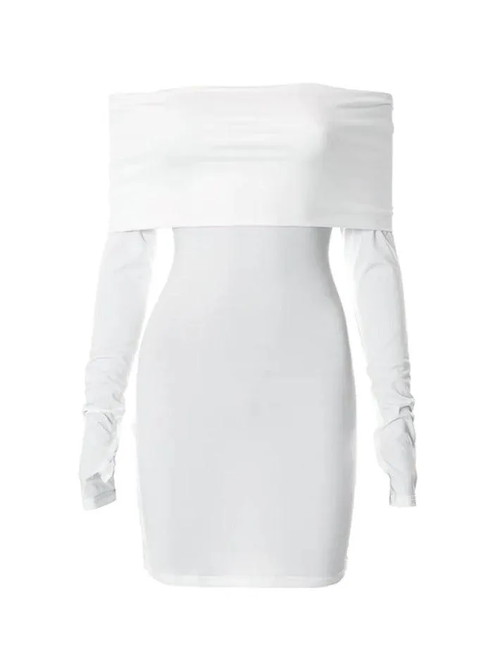 LANFUBEISI - Solid Off Shoulder Ruched Thumb Hole Mini Dress