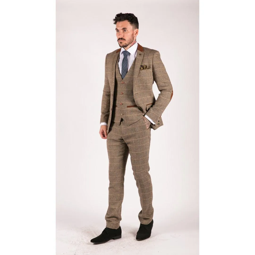 Mens Check Vintage Herringbone Tweed Tan Brown 3 Piece Suit Slim Fit Wedding