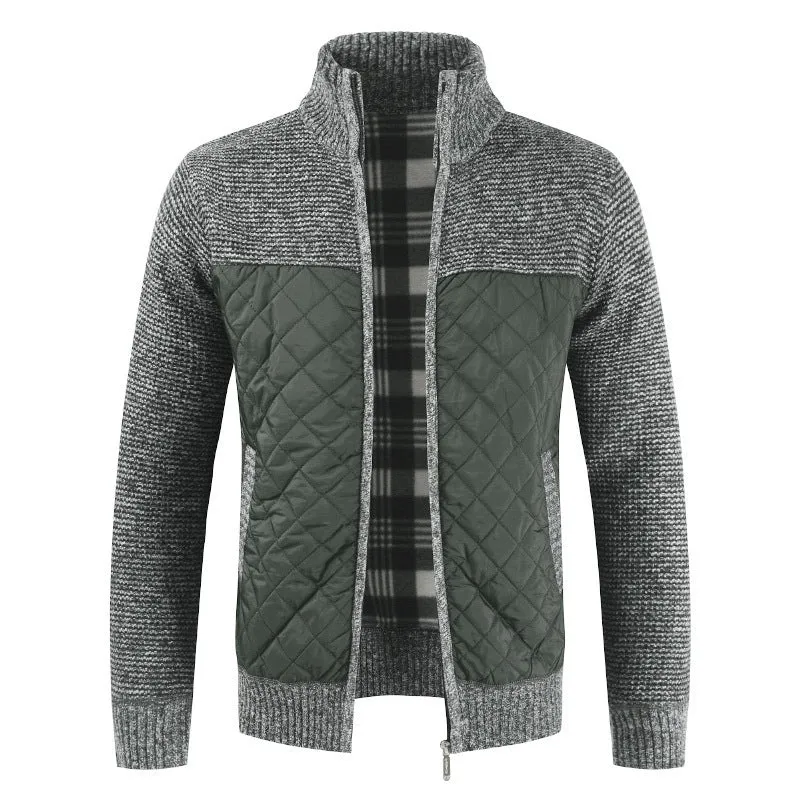 Men's Thick Knitted Cardigan Sweater - Full Zip Stand Collar, Fleece Lined Winter Coat with Patchwork Design