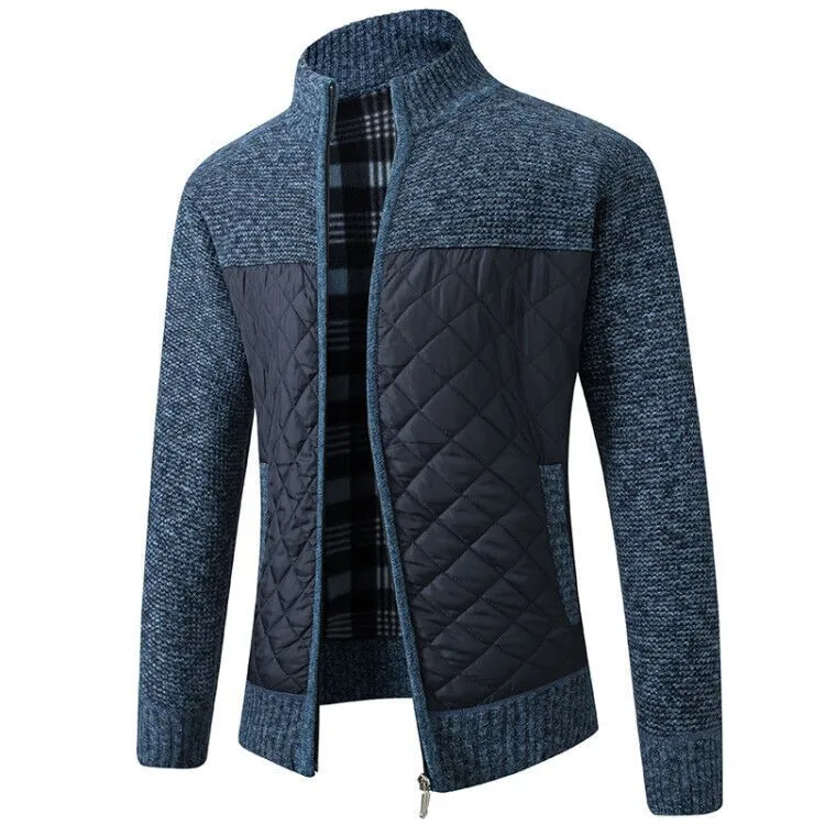 Men's Thick Knitted Cardigan Sweater - Full Zip Stand Collar, Fleece Lined Winter Coat with Patchwork Design