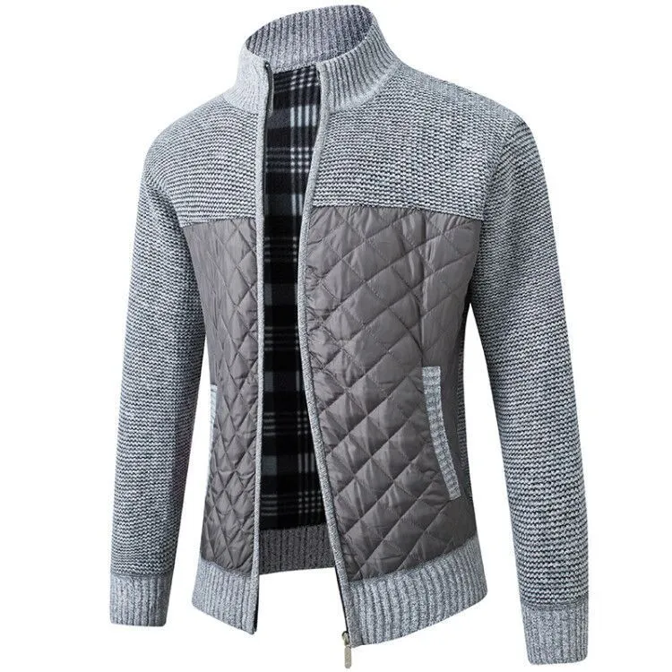 Men's Thick Knitted Cardigan Sweater - Full Zip Stand Collar, Fleece Lined Winter Coat with Patchwork Design