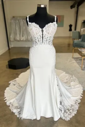 Open Back V Neck Mermaid White Lace Long Prom Dresses with Train, White Lace Wedding Dresses, White Formal Evening Dresses A2132