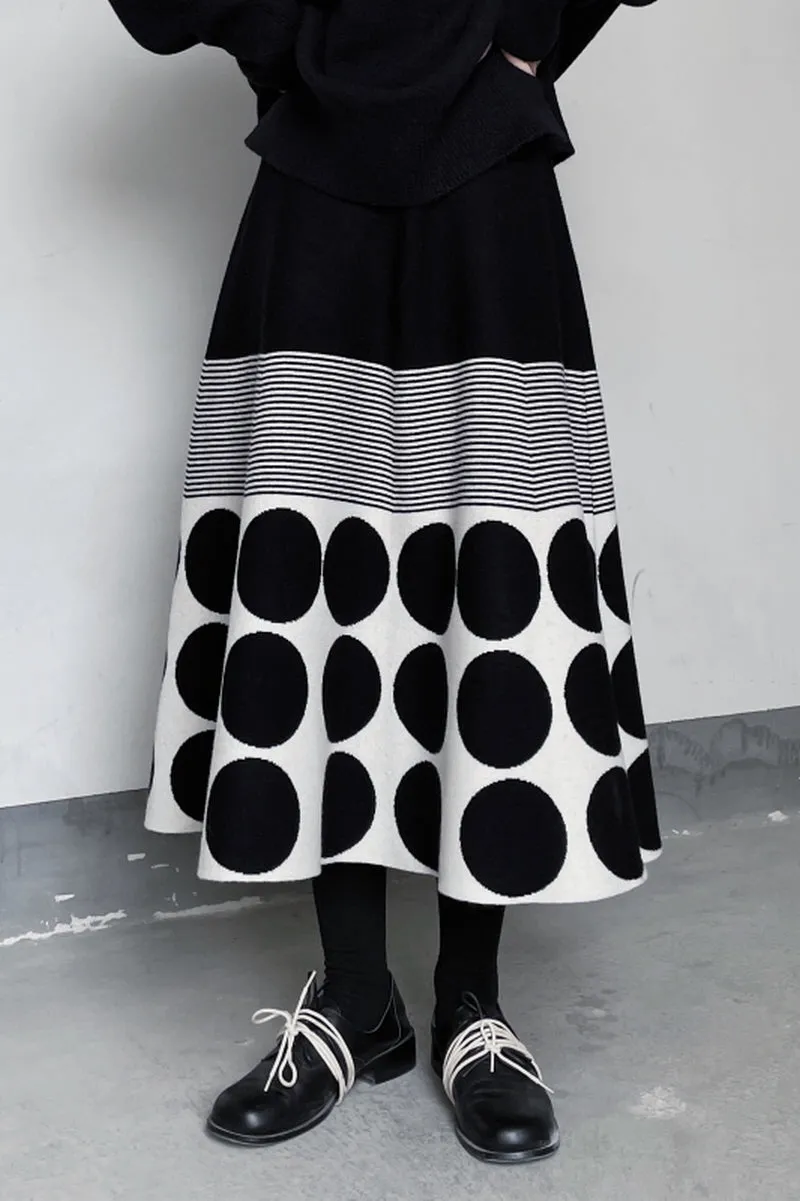 Polka Dot Striped Knit Skirt Dark Style