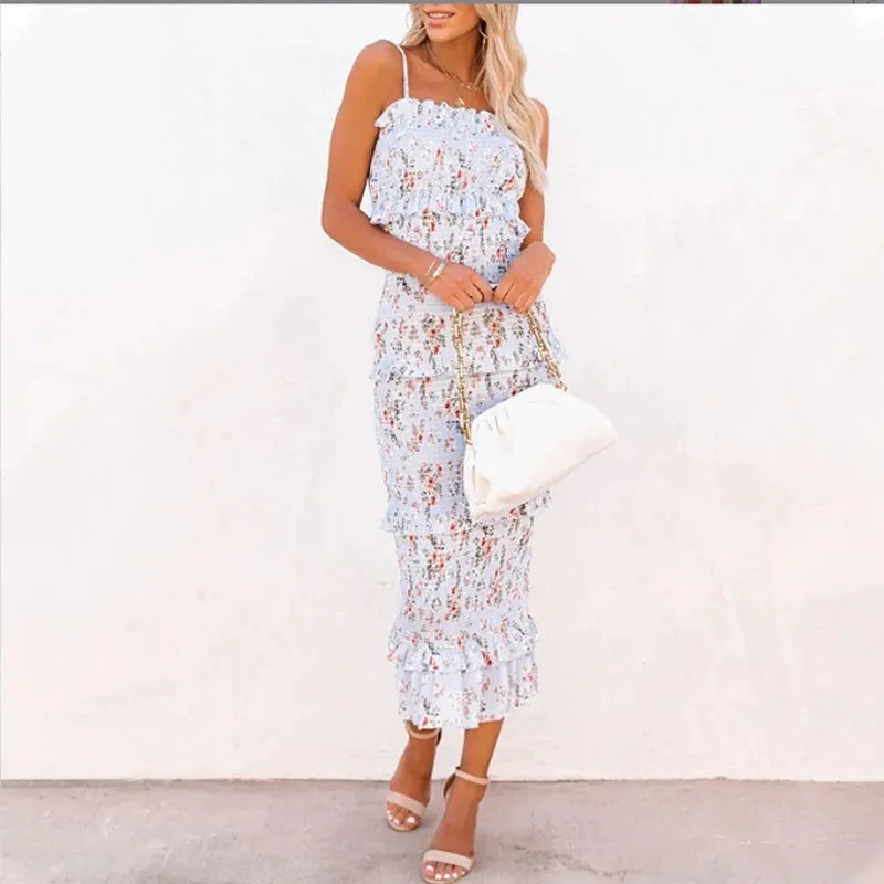 Printed Sweet Lace Elastic Thin Sexy Breast Top Halter Pull Pleated Cake Slim-fit Wrap Buttock Dress Long Skirt Woman