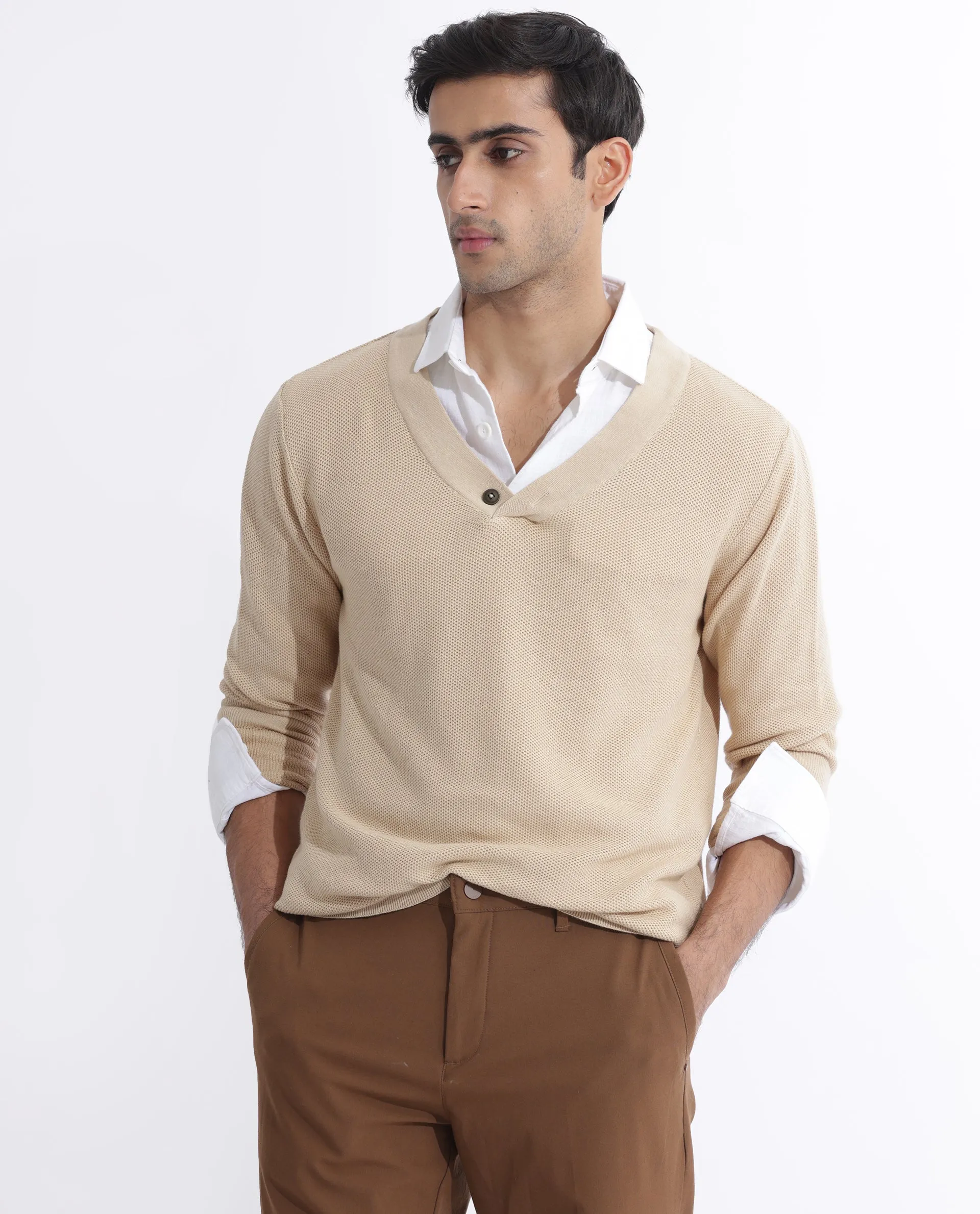 Rare Rabbit Mens Breeze Beige Sweater Full Sleeve V-Neck Solid