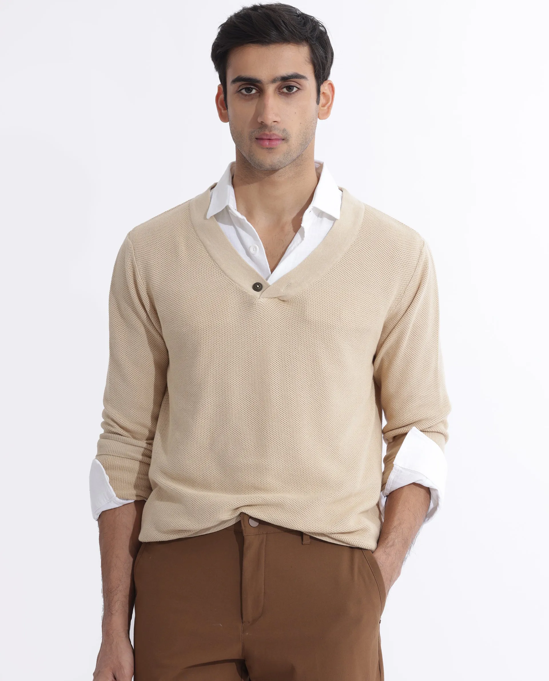 Rare Rabbit Mens Breeze Beige Sweater Full Sleeve V-Neck Solid