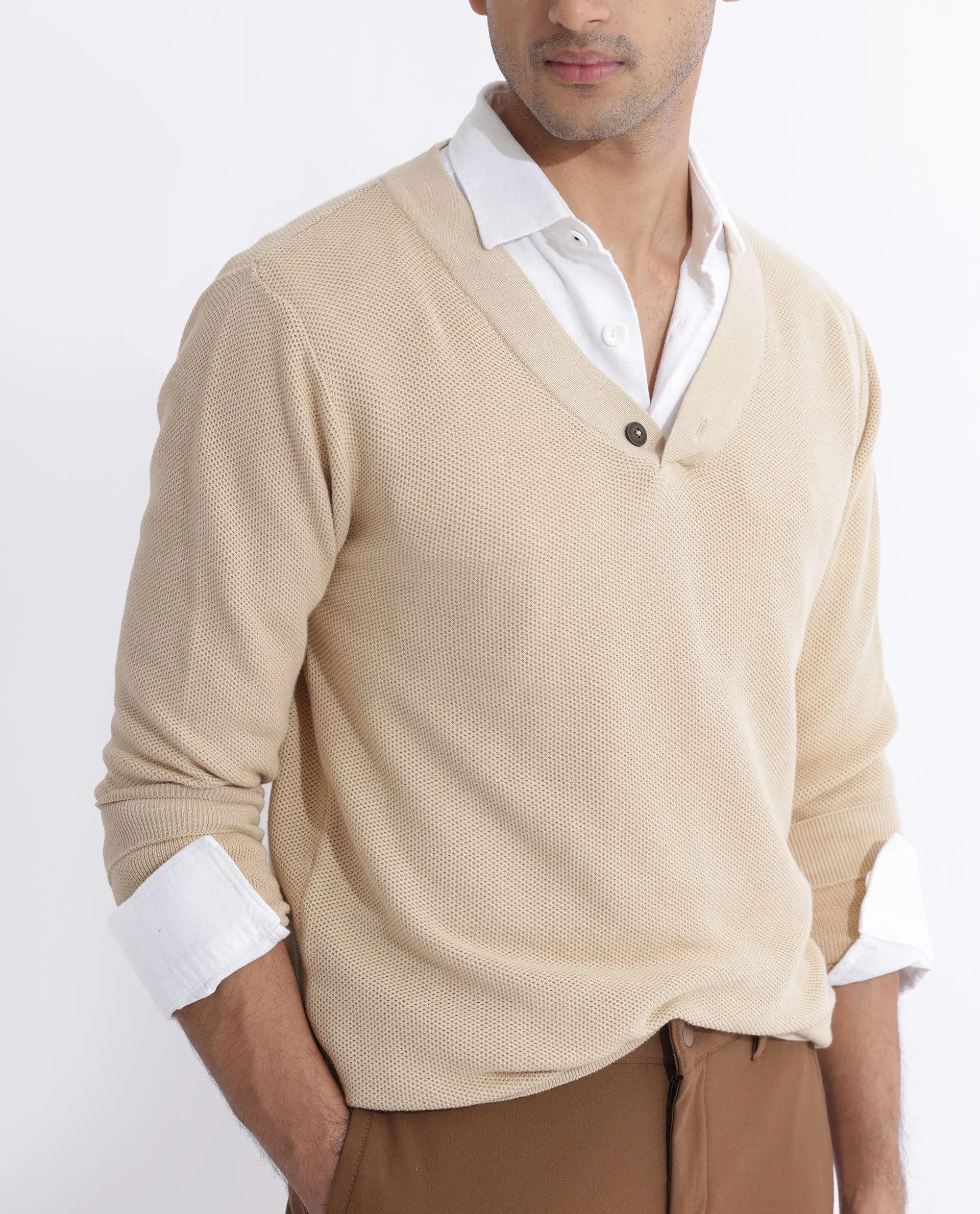 Rare Rabbit Mens Breeze Beige Sweater Full Sleeve V-Neck Solid