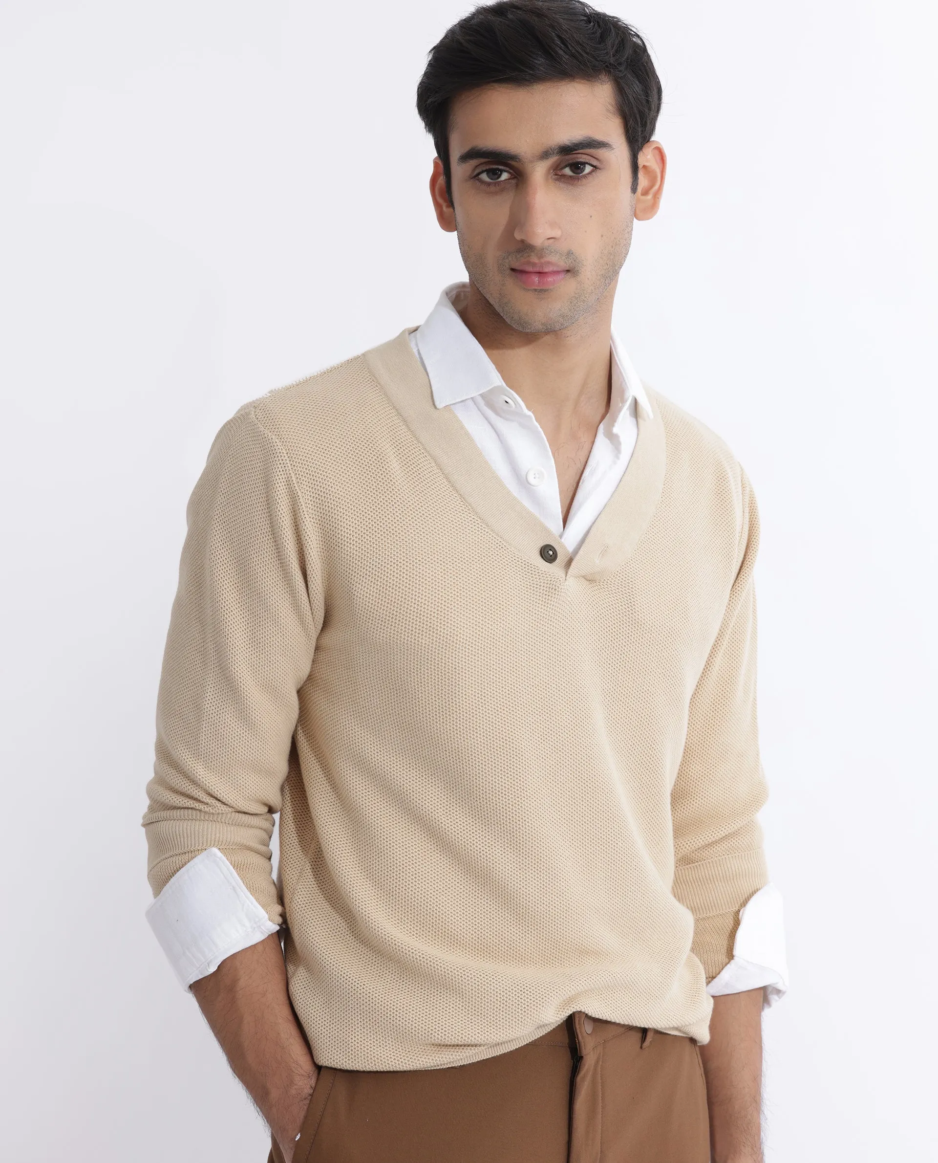 Rare Rabbit Mens Breeze Beige Sweater Full Sleeve V-Neck Solid