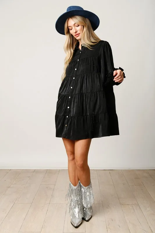 Rhinestone Button Down Babydoll Dress - Black