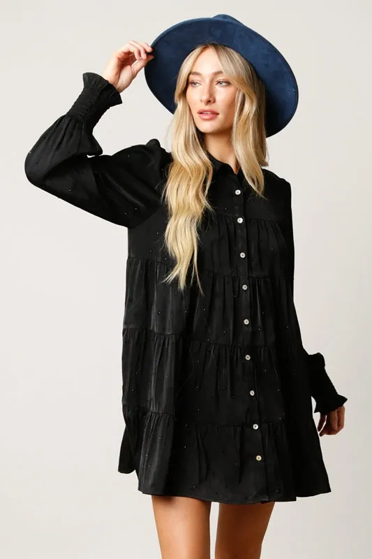 Rhinestone Button Down Babydoll Dress - Black