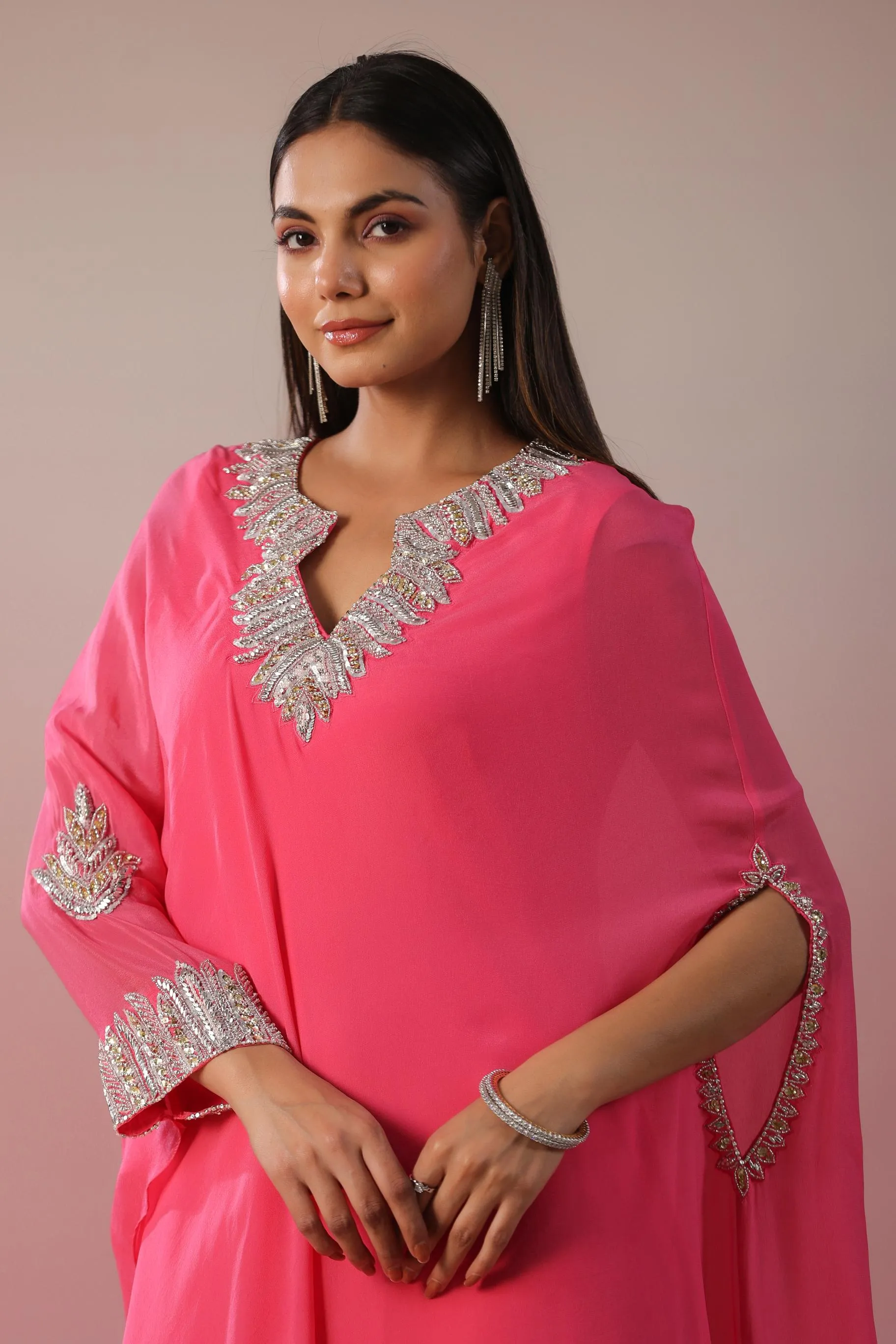 Rouge Pink Embellished Vama Georgette Silk Asymmetrical Dress