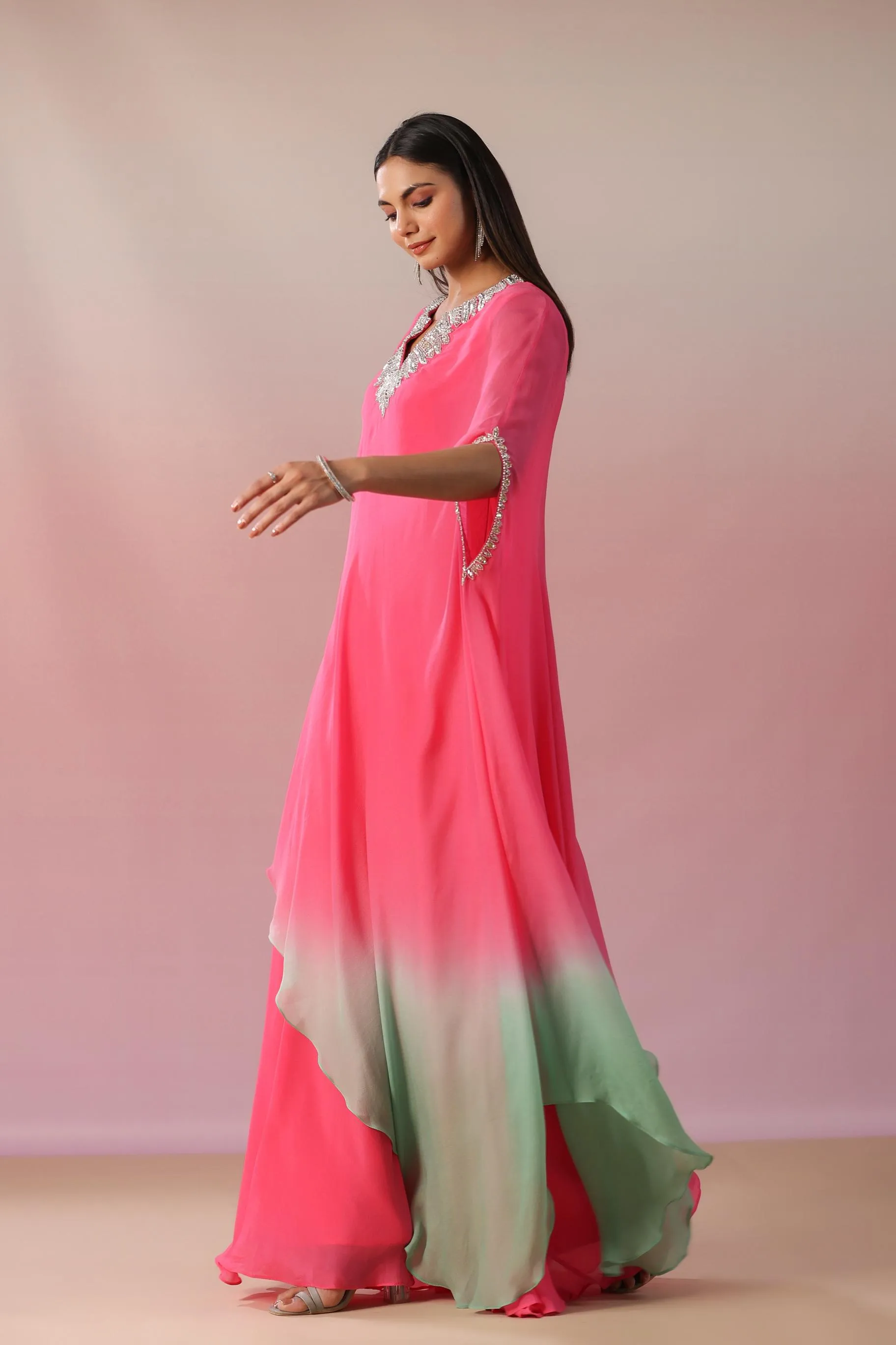 Rouge Pink Embellished Vama Georgette Silk Asymmetrical Dress