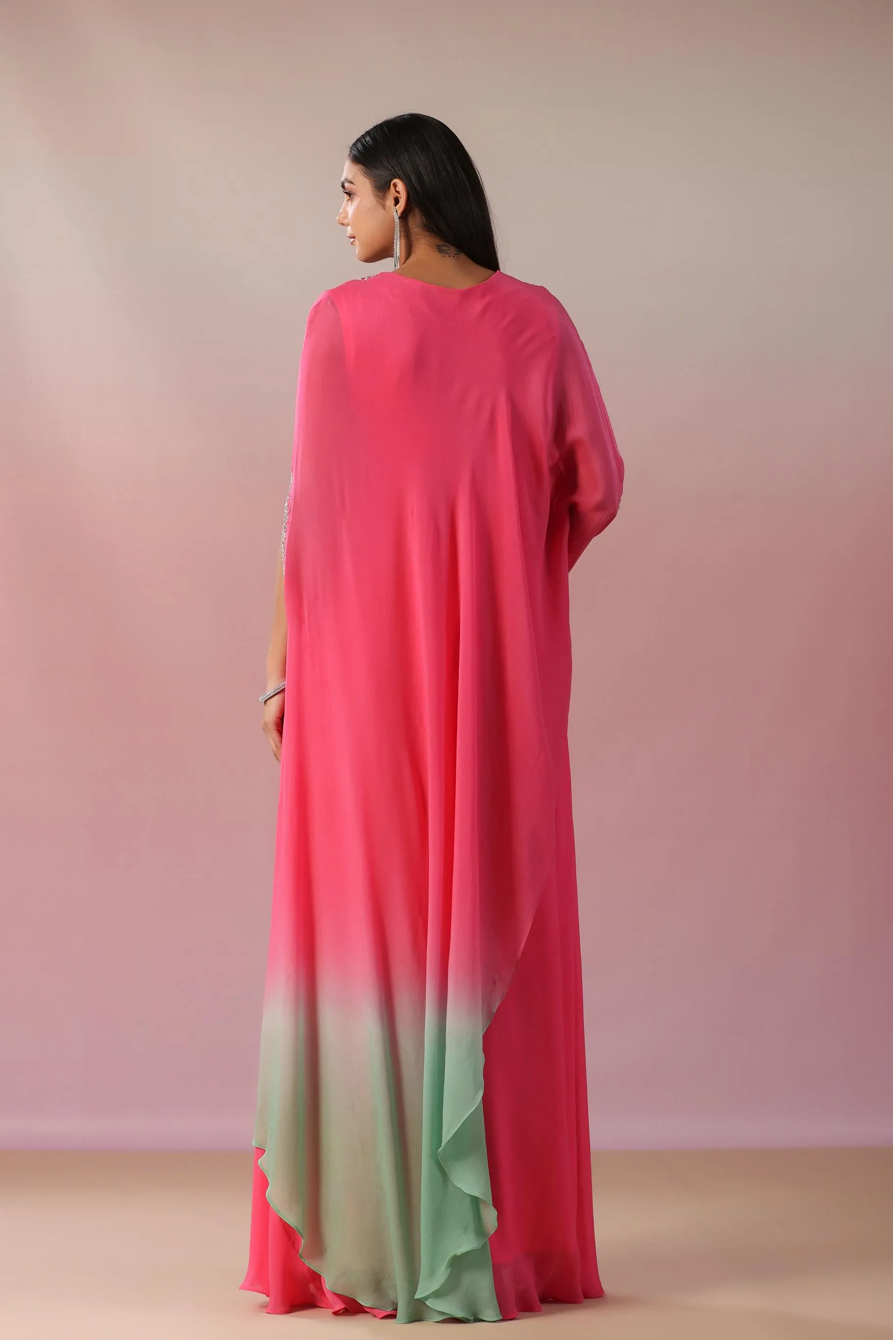 Rouge Pink Embellished Vama Georgette Silk Asymmetrical Dress