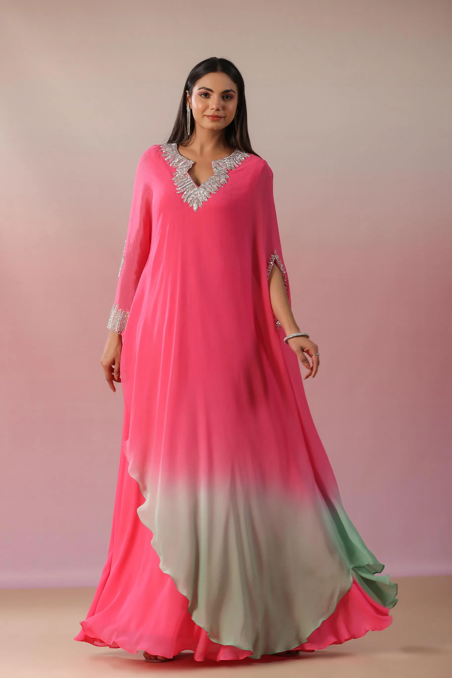 Rouge Pink Embellished Vama Georgette Silk Asymmetrical Dress