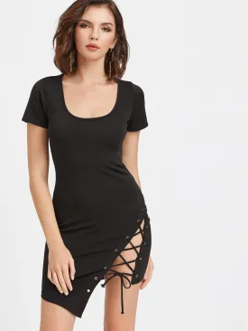 Sexy black side lace up bodycon dress