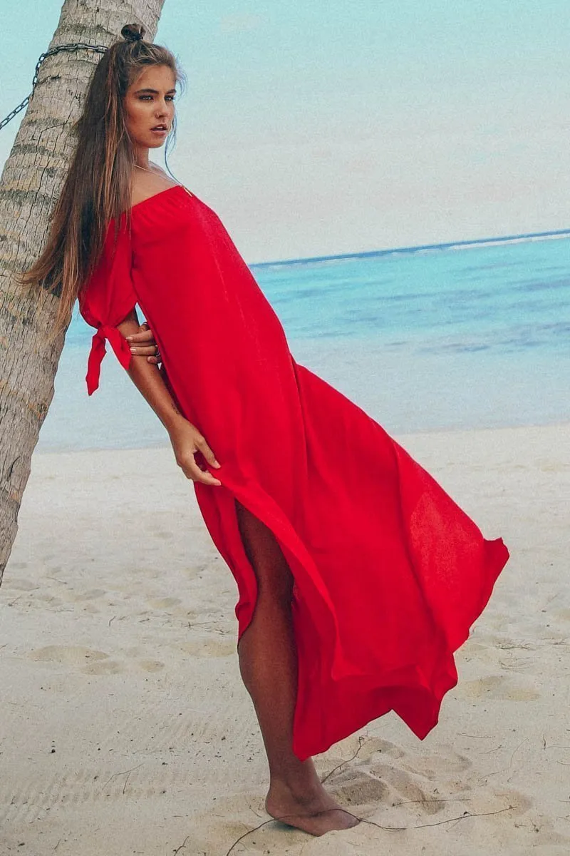 Sexy Off-The-Shoulder Solid Color Irregular Split Beach Dress