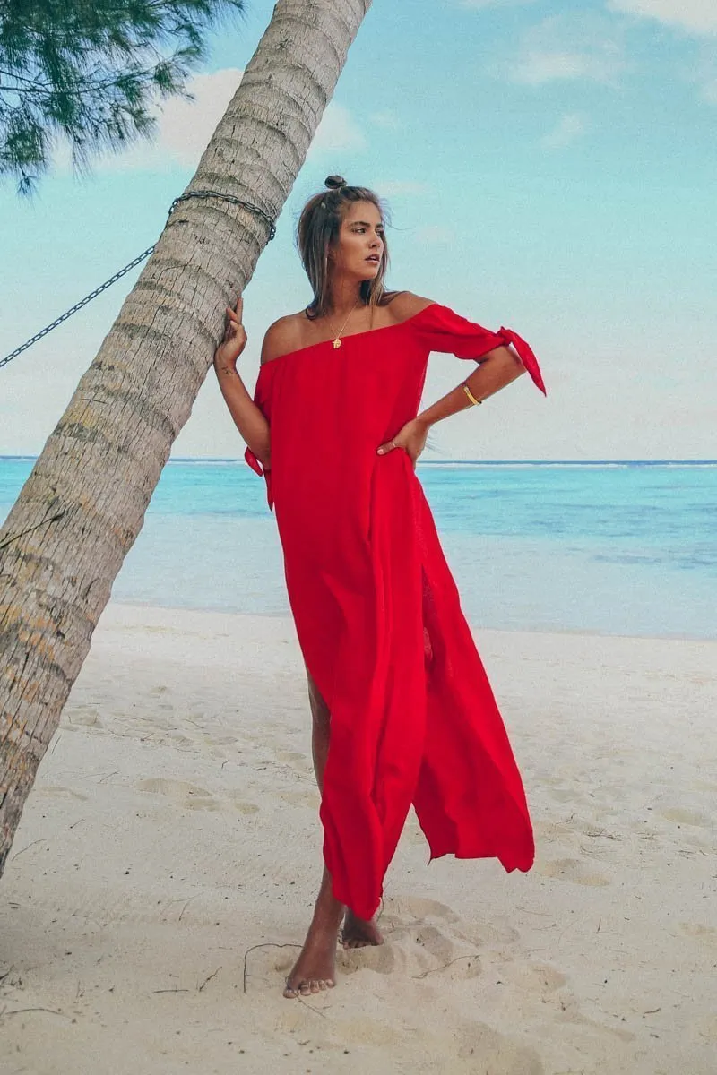 Sexy Off-The-Shoulder Solid Color Irregular Split Beach Dress