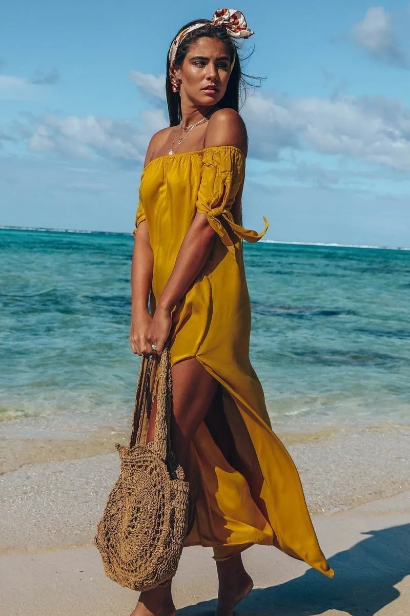 Sexy Off-The-Shoulder Solid Color Irregular Split Beach Dress