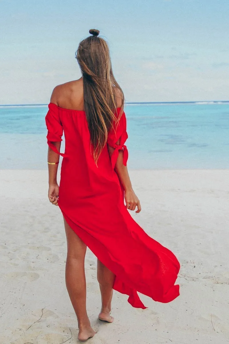 Sexy Off-The-Shoulder Solid Color Irregular Split Beach Dress