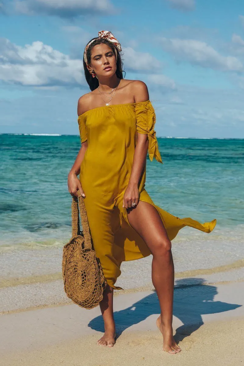 Sexy Off-The-Shoulder Solid Color Irregular Split Beach Dress