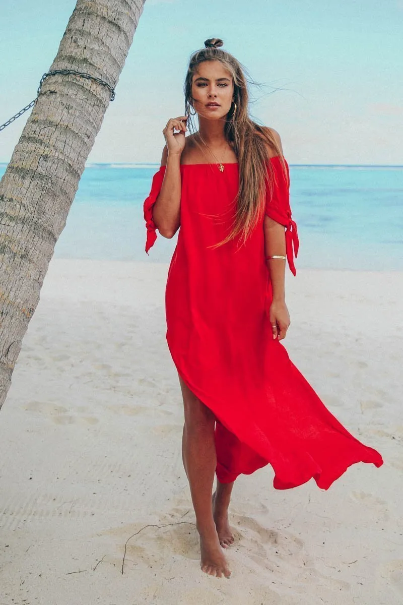 Sexy Off-The-Shoulder Solid Color Irregular Split Beach Dress