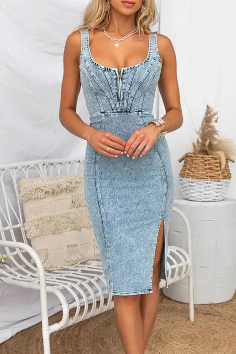 Sexy Solid Slit U Neck Sleeveless Regular Denim Dresses