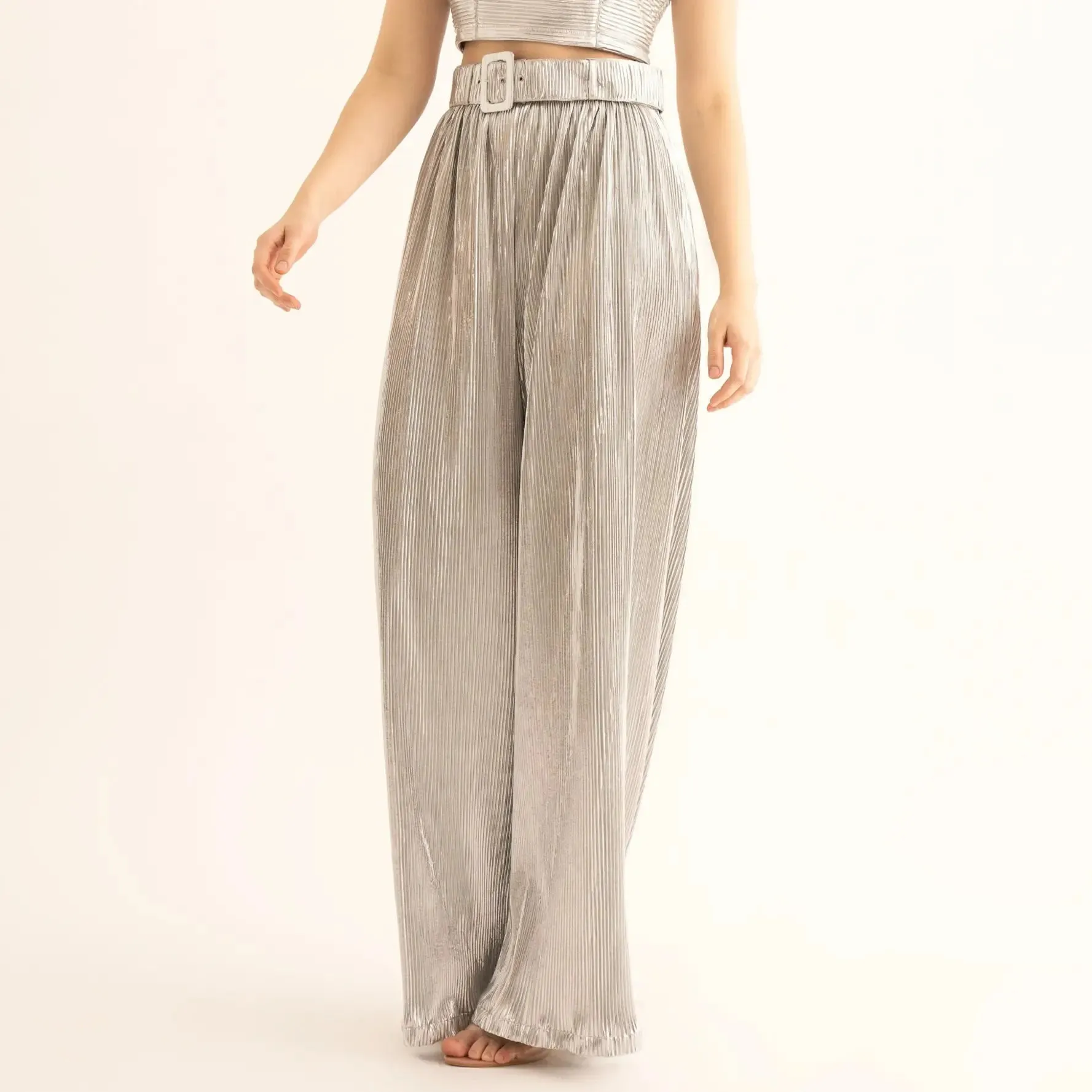 Silver Pleated Belted Pants